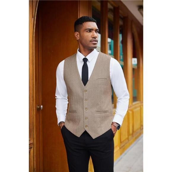 Men's Tweed Suit Vests Slim Fit Waistcoat Khaki - Picture 4 of 6